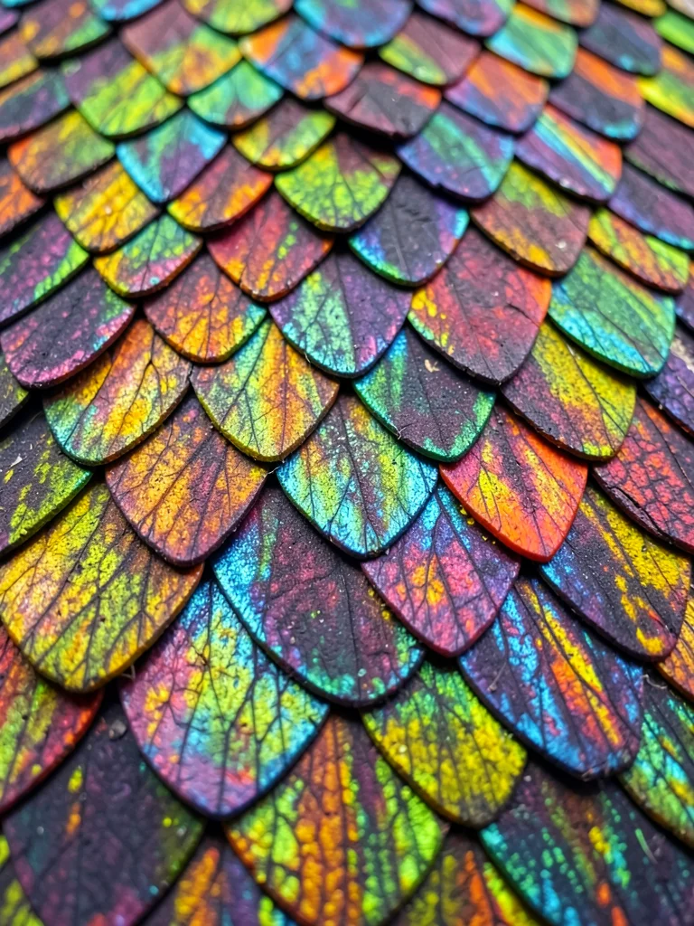Butterfly wing scales arranged like roof shingles, structural color revealed, ev