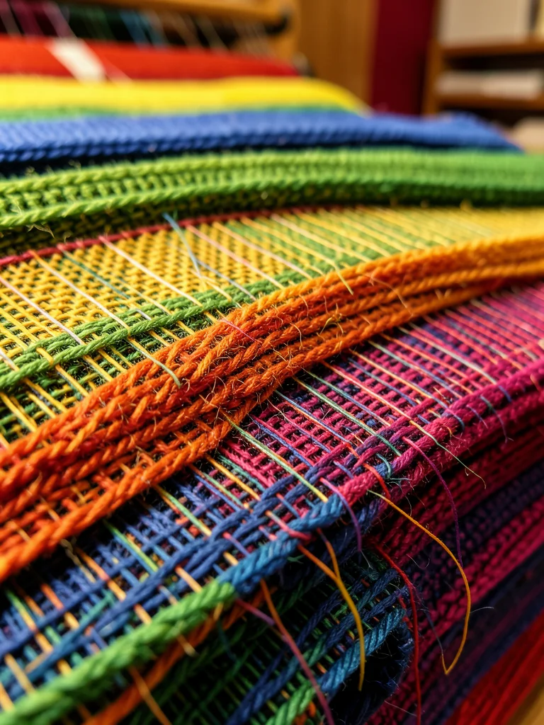 Stack of fabric bolts in pride spectrum colors, textile shop, warm light