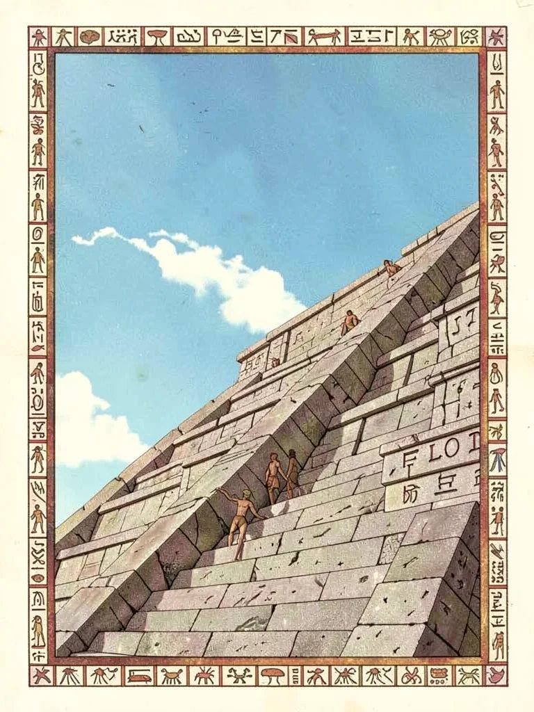 Stone staircase of ancient pyramid, steep angle from base looking up to sky