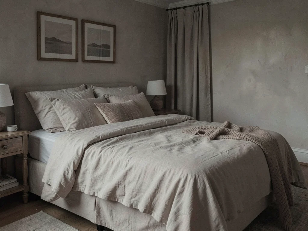 Linen bedding in bedroom