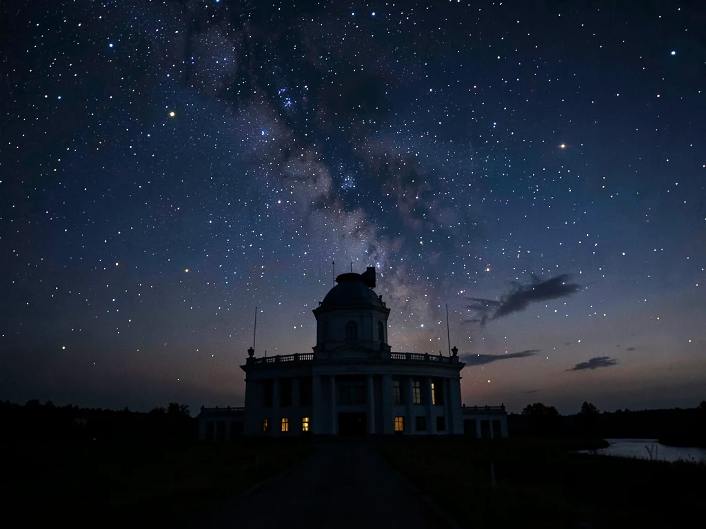 First stars appearing behind observatory silhouette