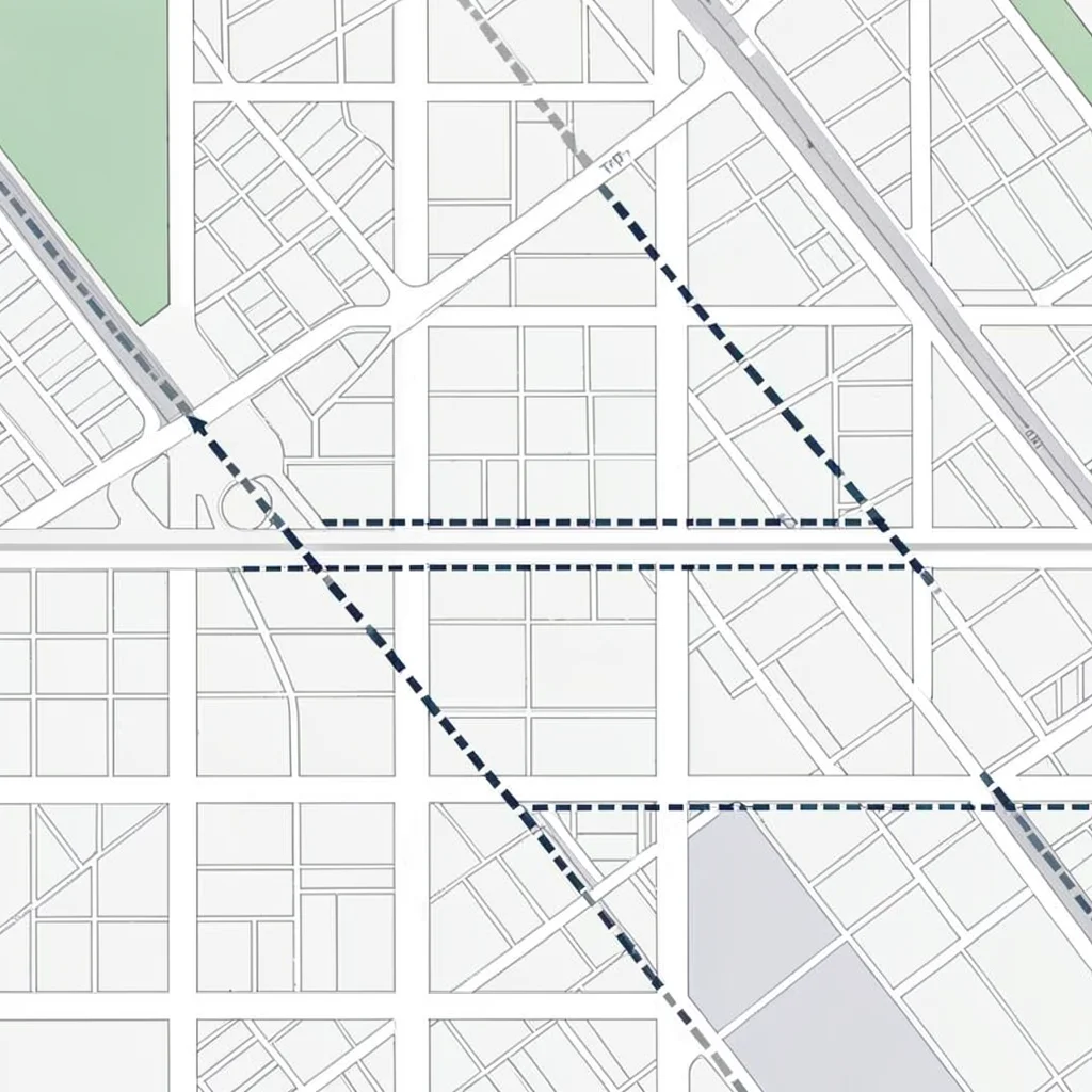 Map illustration of a downtown grid with three trip routes overlaid in dashed li