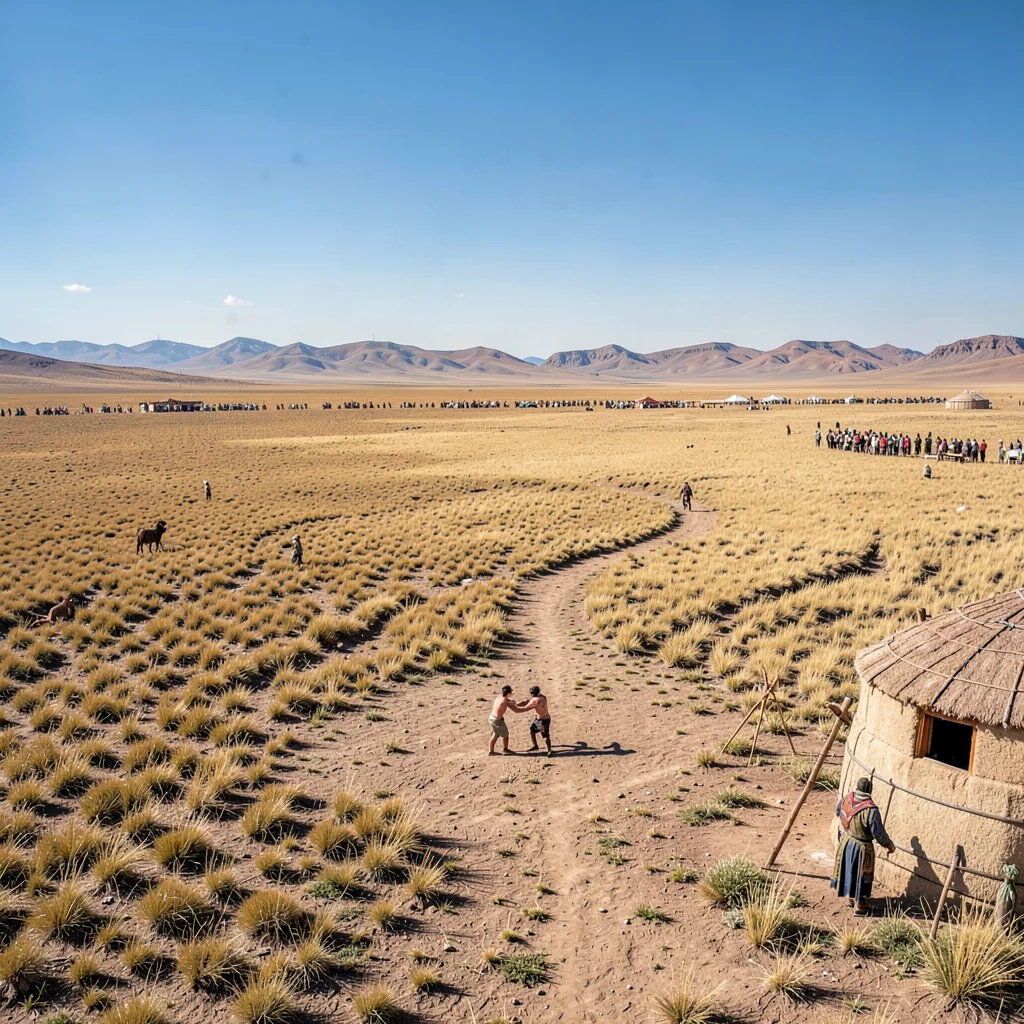 Gobi steppe horizontal, Mongolian vastness, Wrestling match at festival, two com