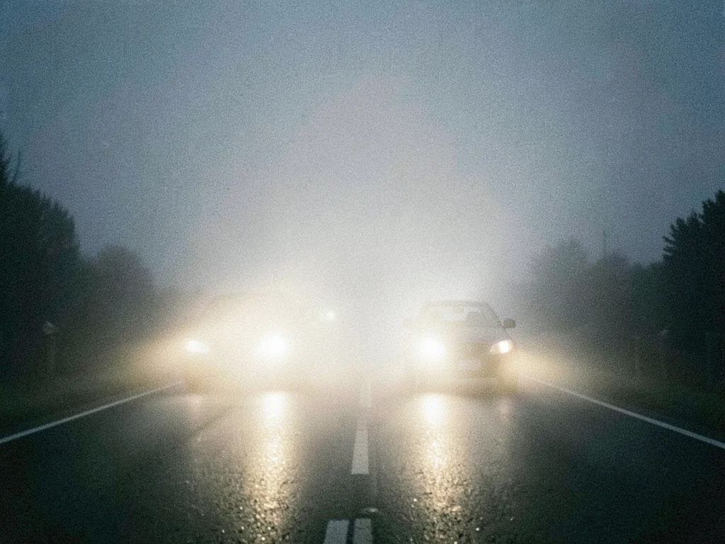 Car headlights cutting through dense fog on empty road, film grain, high contras