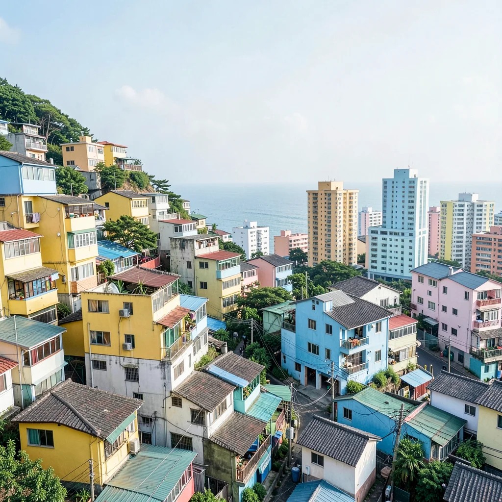 Busan vertical density, hillside village stacking, yellow and blue houses with o
