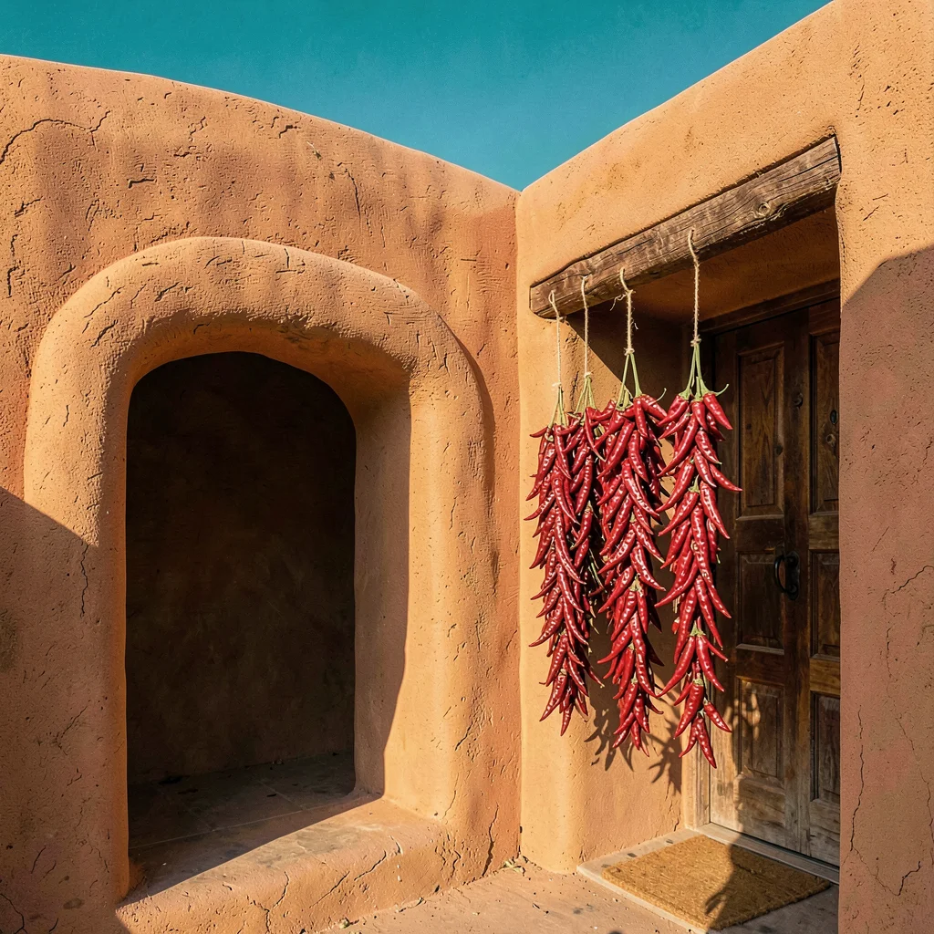 Santa Fe adobe warmth, high desert light clarity, Ristras of red chiles hanging 