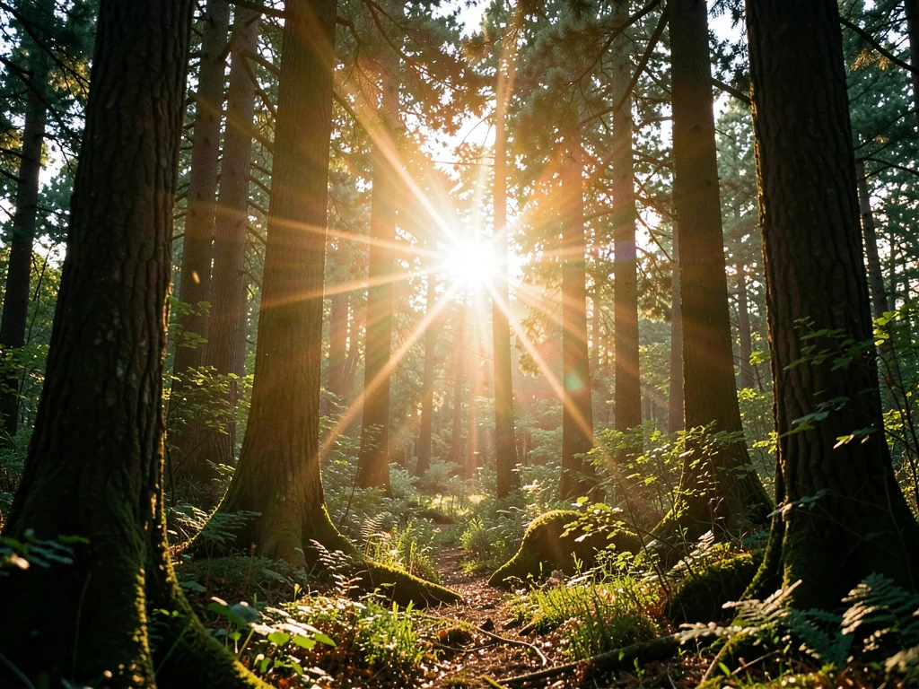 Forest with sun bursting