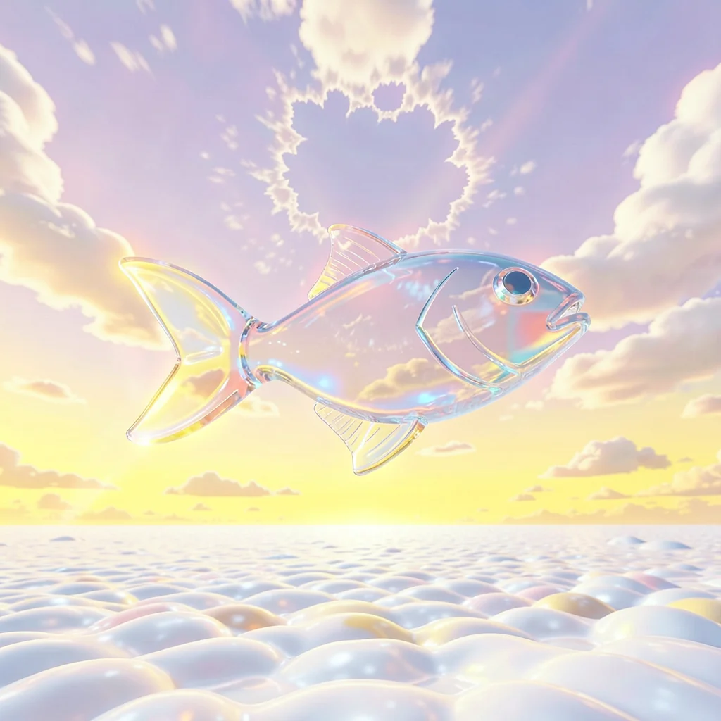 Glassy translucent fish-shaped icon floating mid-air over a banana-yellow tropic