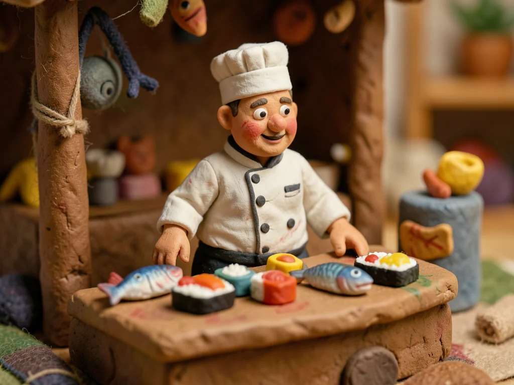 A miniature clay sushi chef behind a tiny counter, individual clay fish and rice