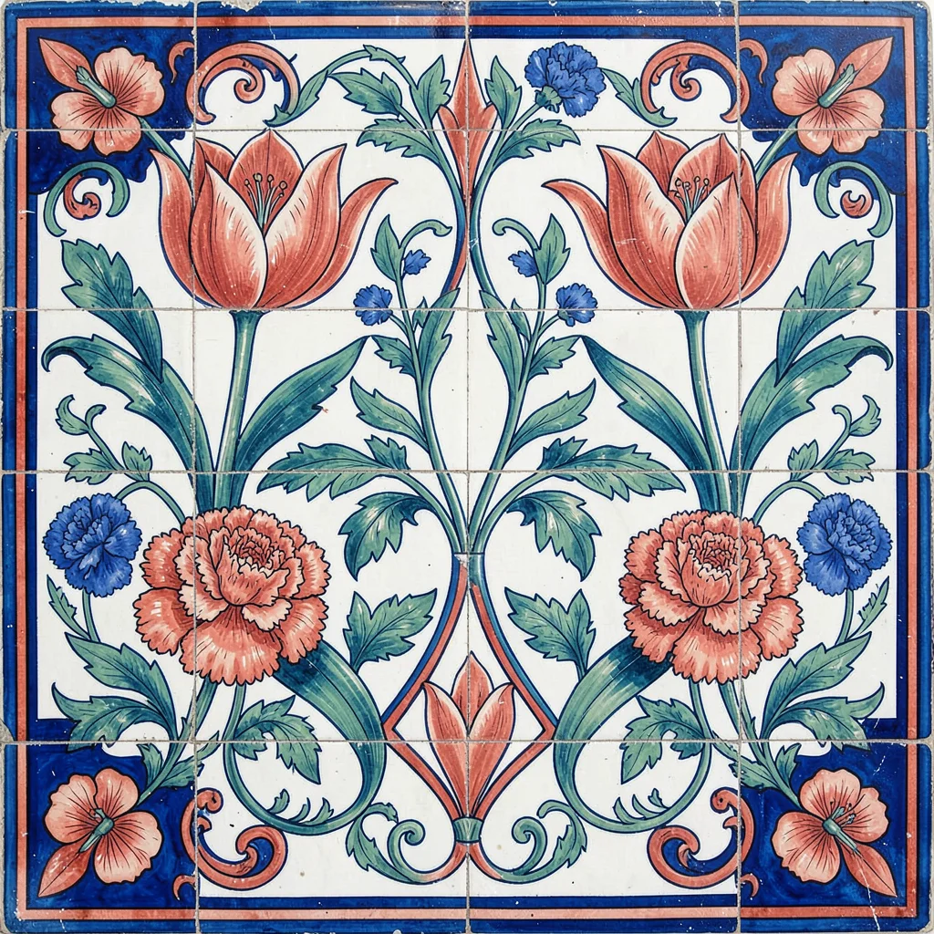 Tulip and carnation botanical tile panel — bilateral symmetry, cobalt ground