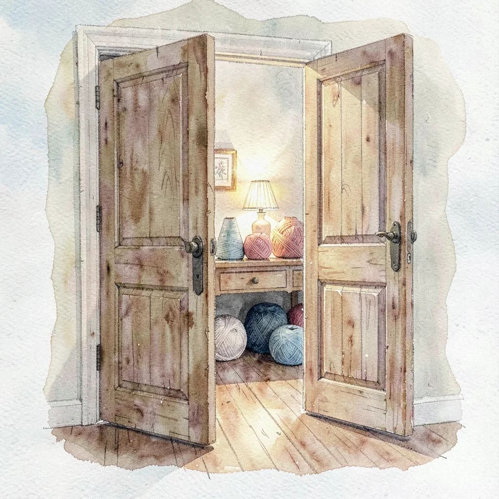 Watercolor of a wooden door propped open to a back room of yarn cones, lamplight