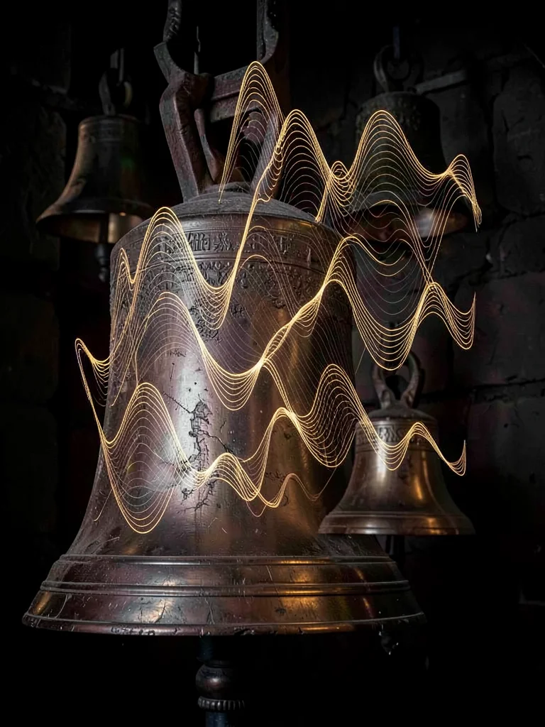 Church bells visualized as overlapping bronze and gold wave interference pattern