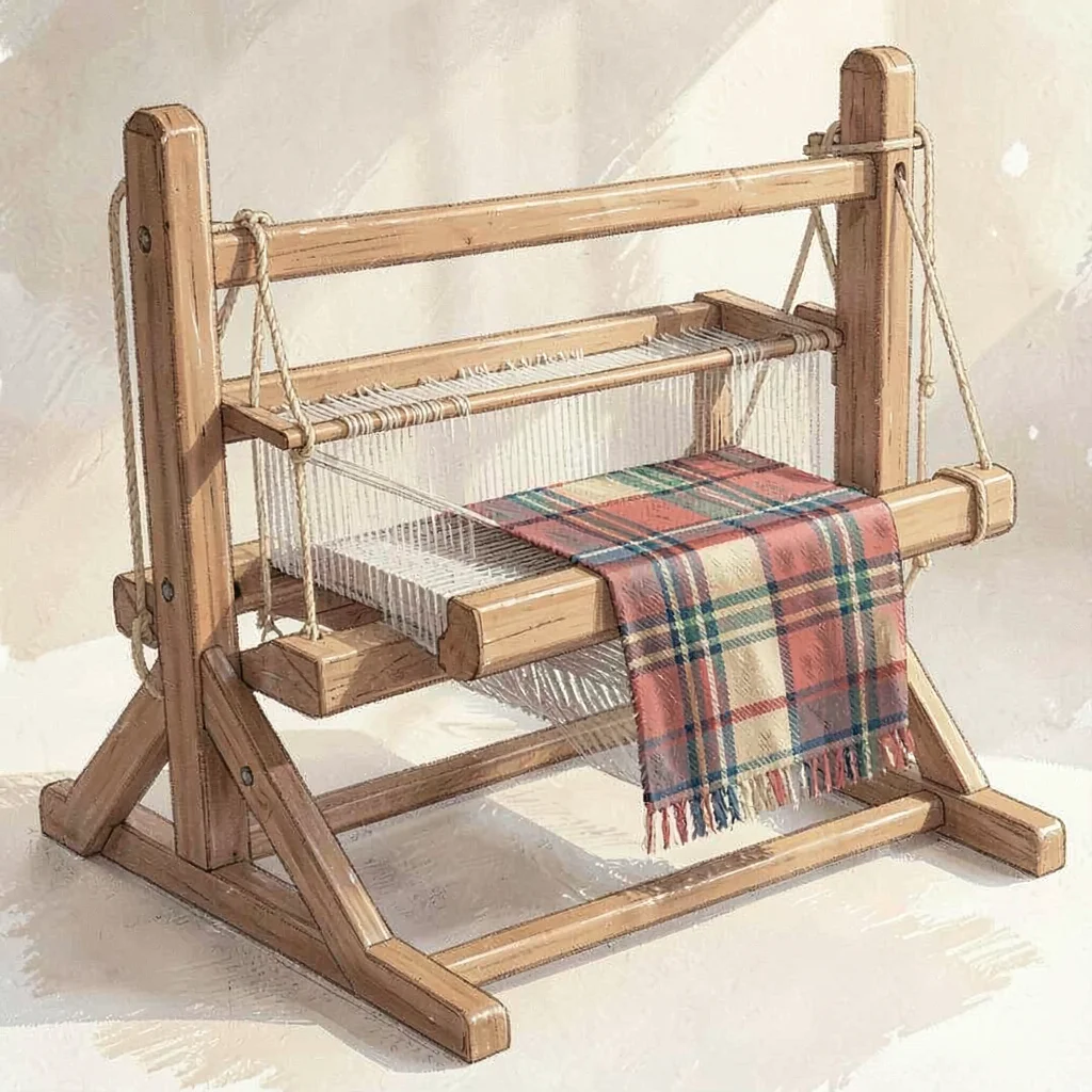 Three-quarter still life of a wooden floor loom with a half-woven tartan stretch