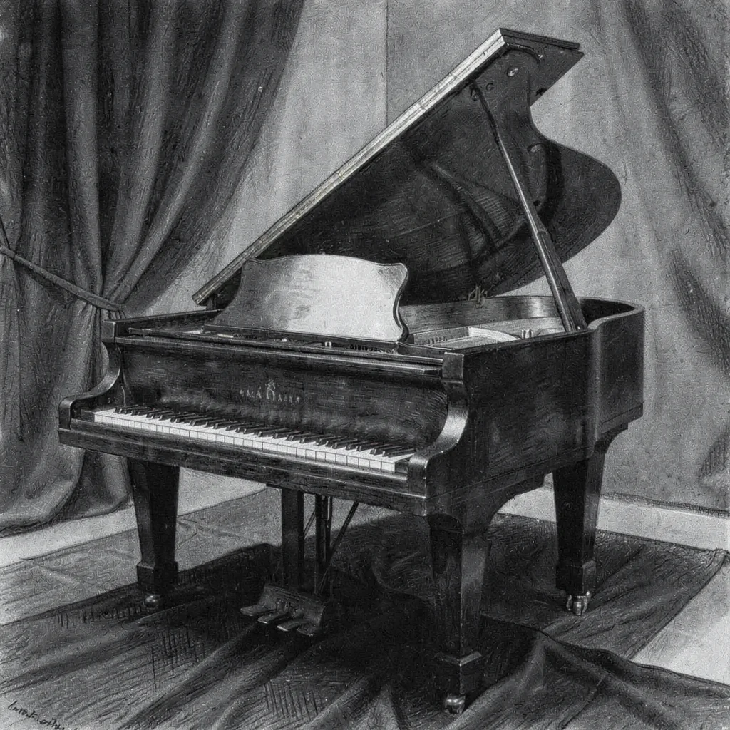 Charcoal drawing of a grand piano in a softly lit studio with deep velvet shadow