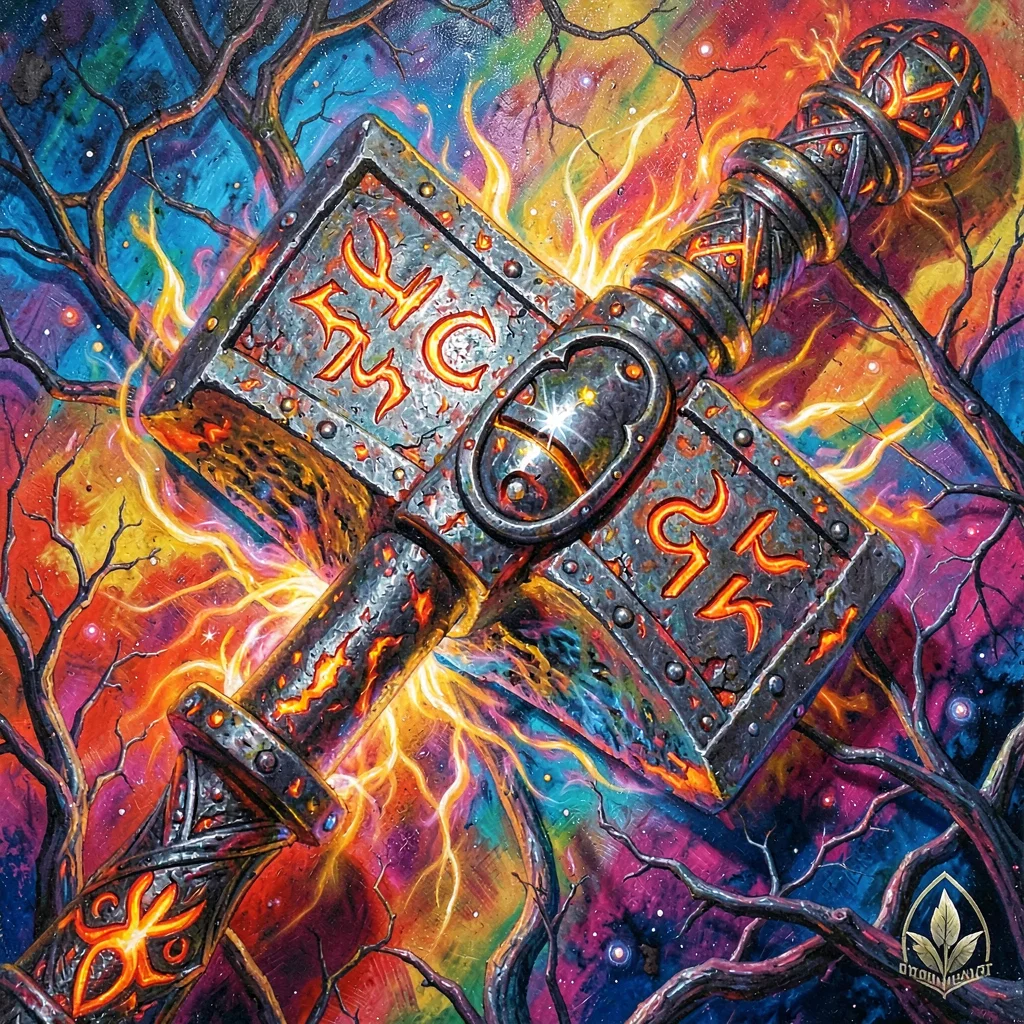 Ornate prop study of an iron warhammer with engraved ember runes, sharp specular