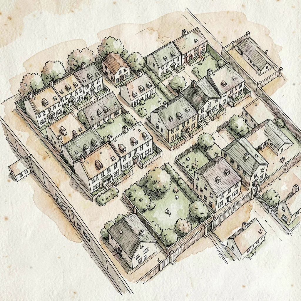 Hand-drawn neighborhood map showing rowhouse blocks and a small park, ink on par