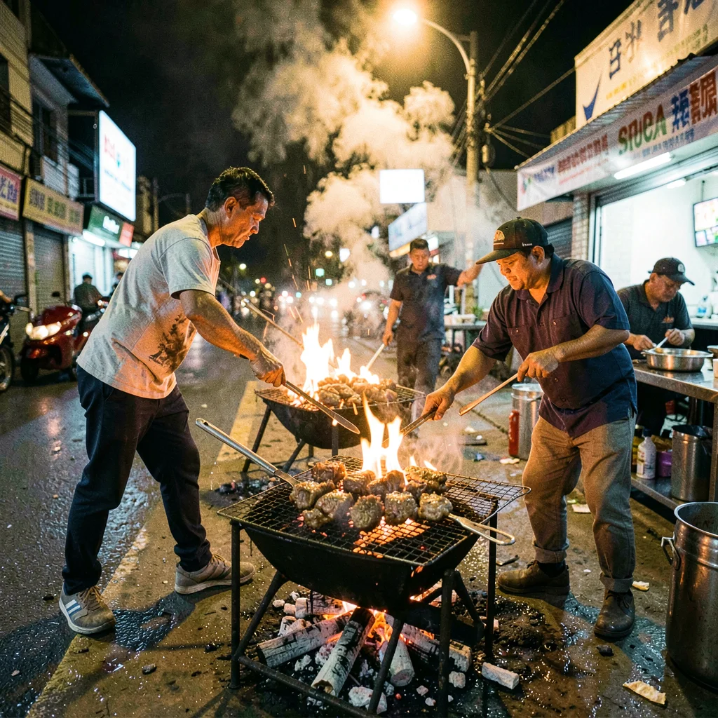 High-energy street photograph, Suya meat grilling on wire rack over charcoal at 
