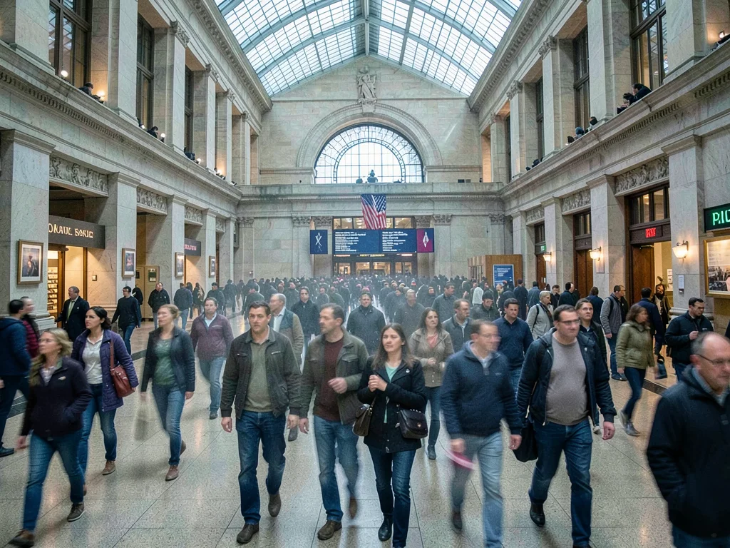 Grand Central station with hundreds of commuters ghosted into translucent crowd