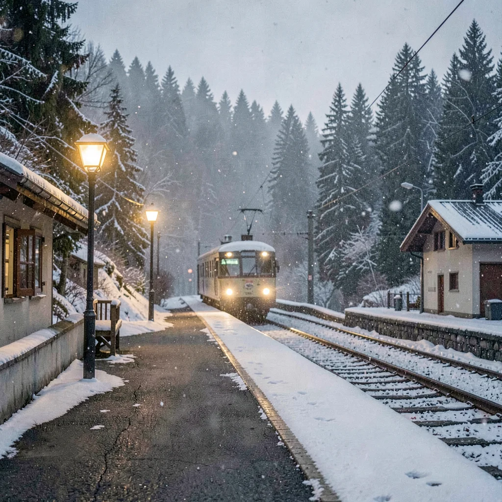 a Swiss village train halt at snow-fall dusk, single slim platform, lamp halos c