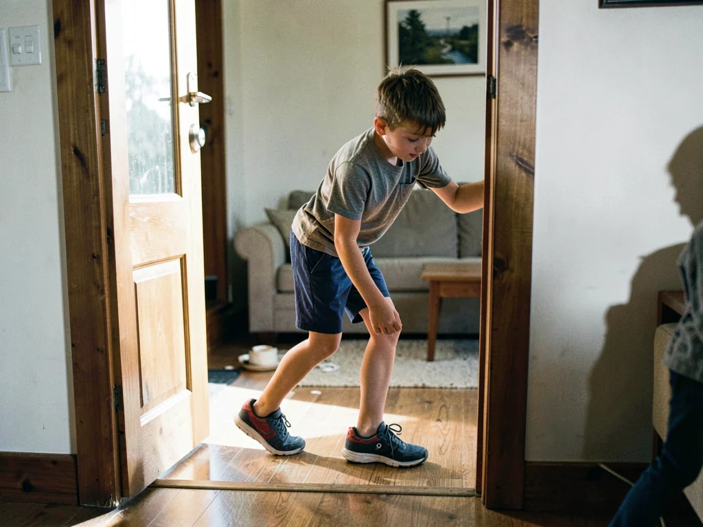 Teenager sneaking in past curfew, caught in the act of crossing the threshold, o