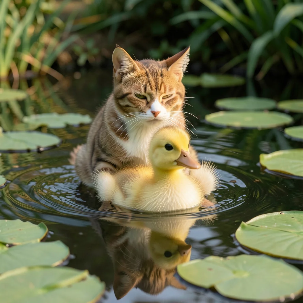Fluffy yellow duckling swimming in small pond, lily pads around
