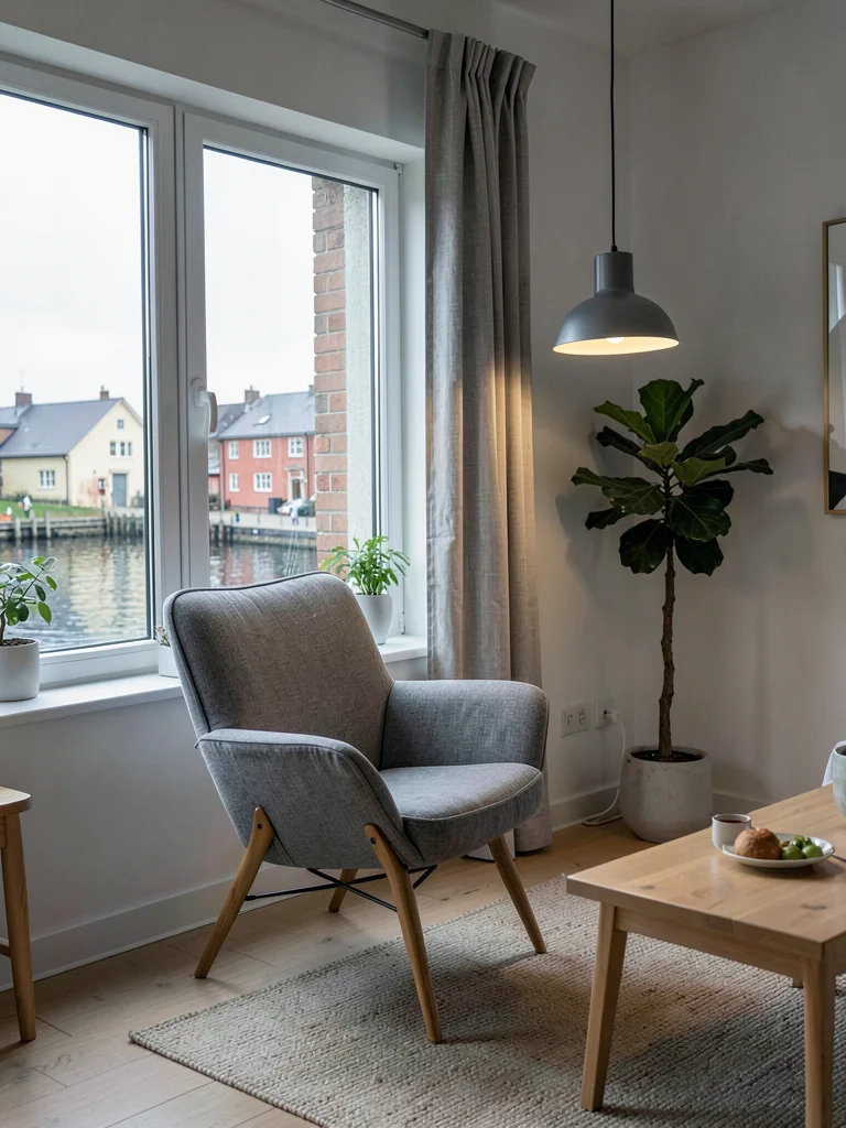 Comfortable grey harbor light in Gothenburg, Sweden, a minimalist Swedish apartm