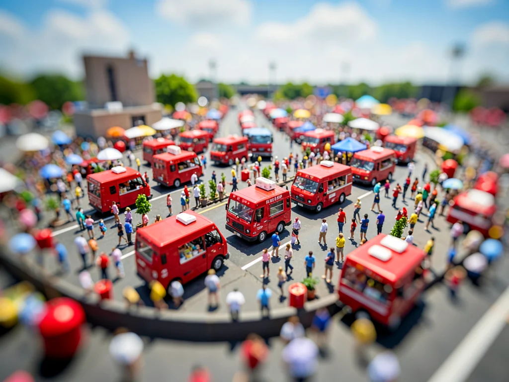 Distant tilt-shift photograph from a parking-deck rim of an outdoor festival, sa