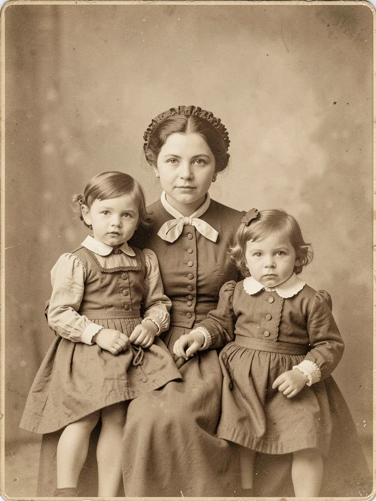 A Victorian mother with two young children — posed studio family portrait