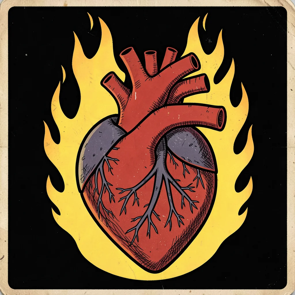 Mexican lotería card illustration, a human heart anatomical style with flames su