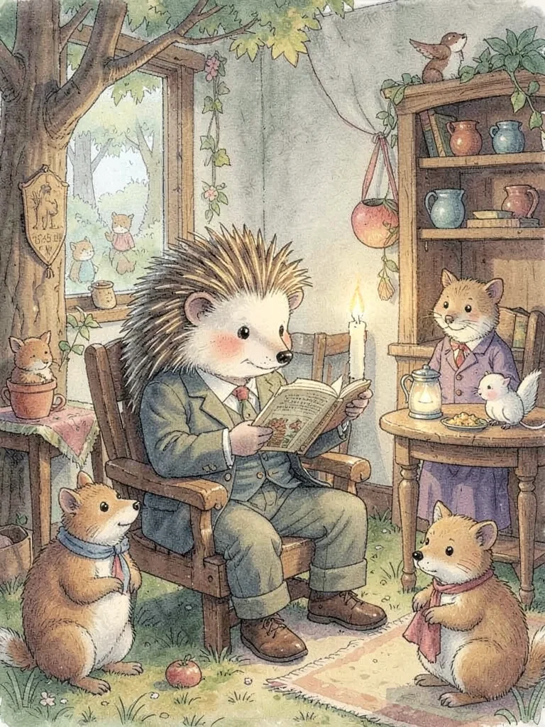 Hedgehog reading by candlelight