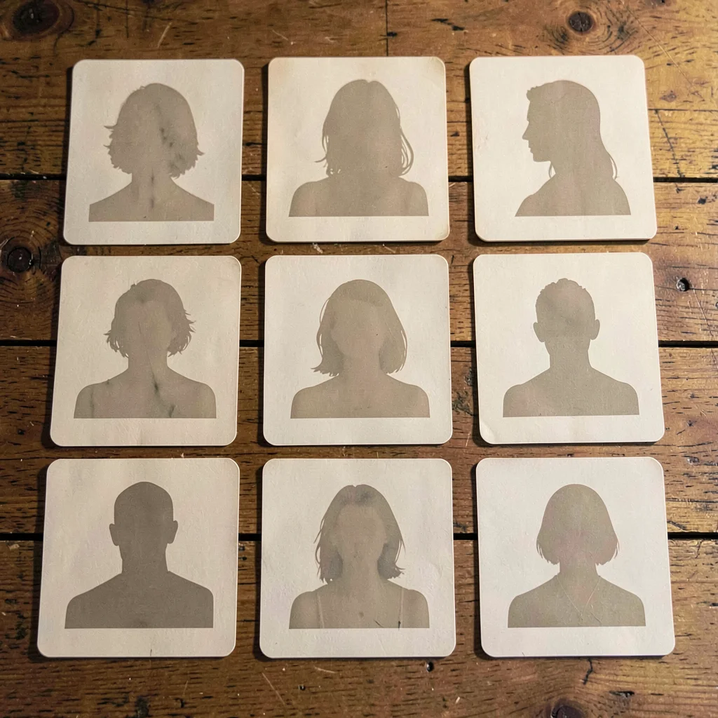 Modular grid of nine pale portrait-card silhouettes representing a casting board