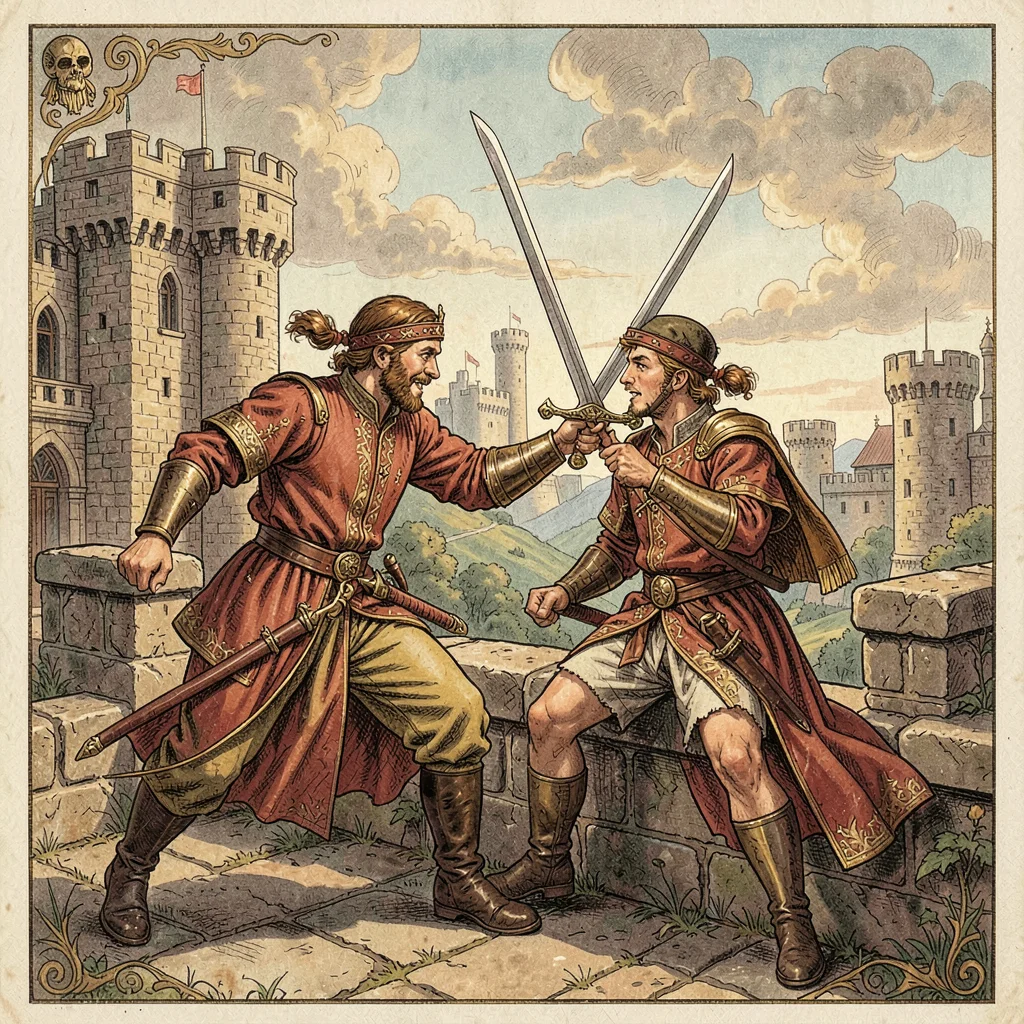 A swordfight on castle battlements