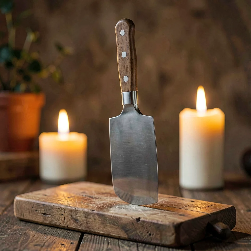 Warm vertical hero of a polished cleaver standing on a butcher block, candlelit 