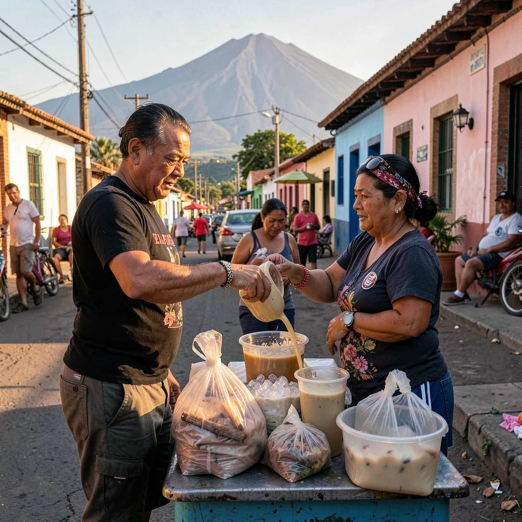 Pupusería golden hour in El Salvador, A street vendor pouring horchata into plas