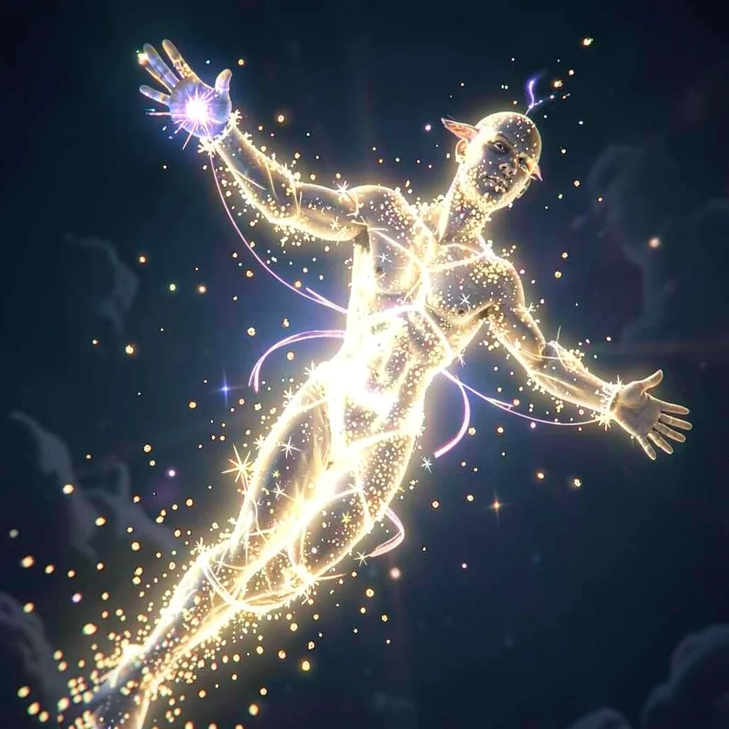 Magic spell effect illustration, teleportation spell mid-transport, body dissolv