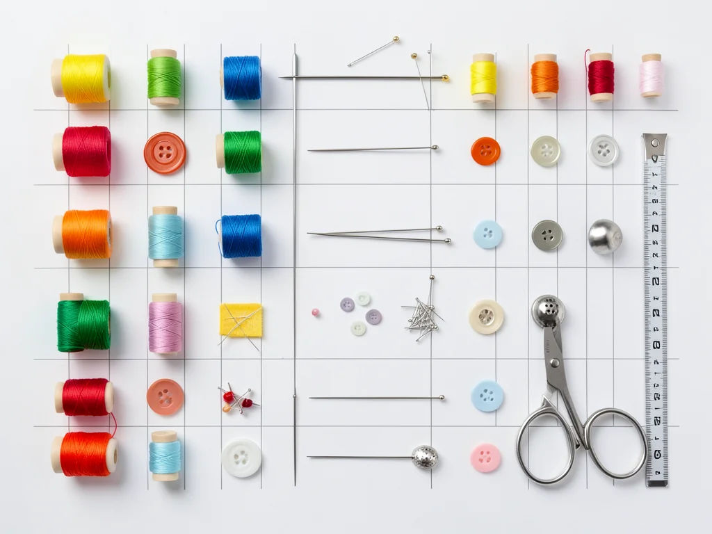 A sewing kit: thread spools in rainbow order, needles, pins, buttons, thimble, s