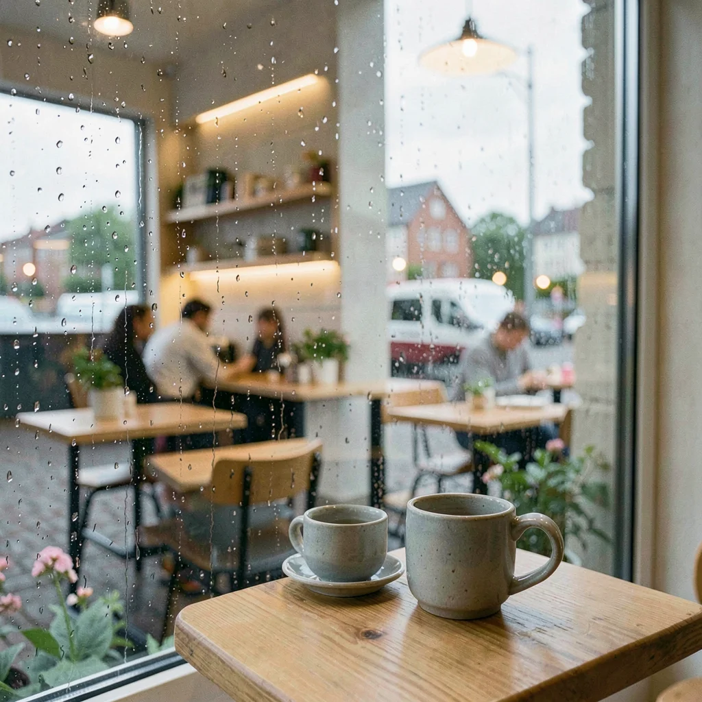 Comfortable grey harbor light in Gothenburg, Sweden, rain drops on a cafe window