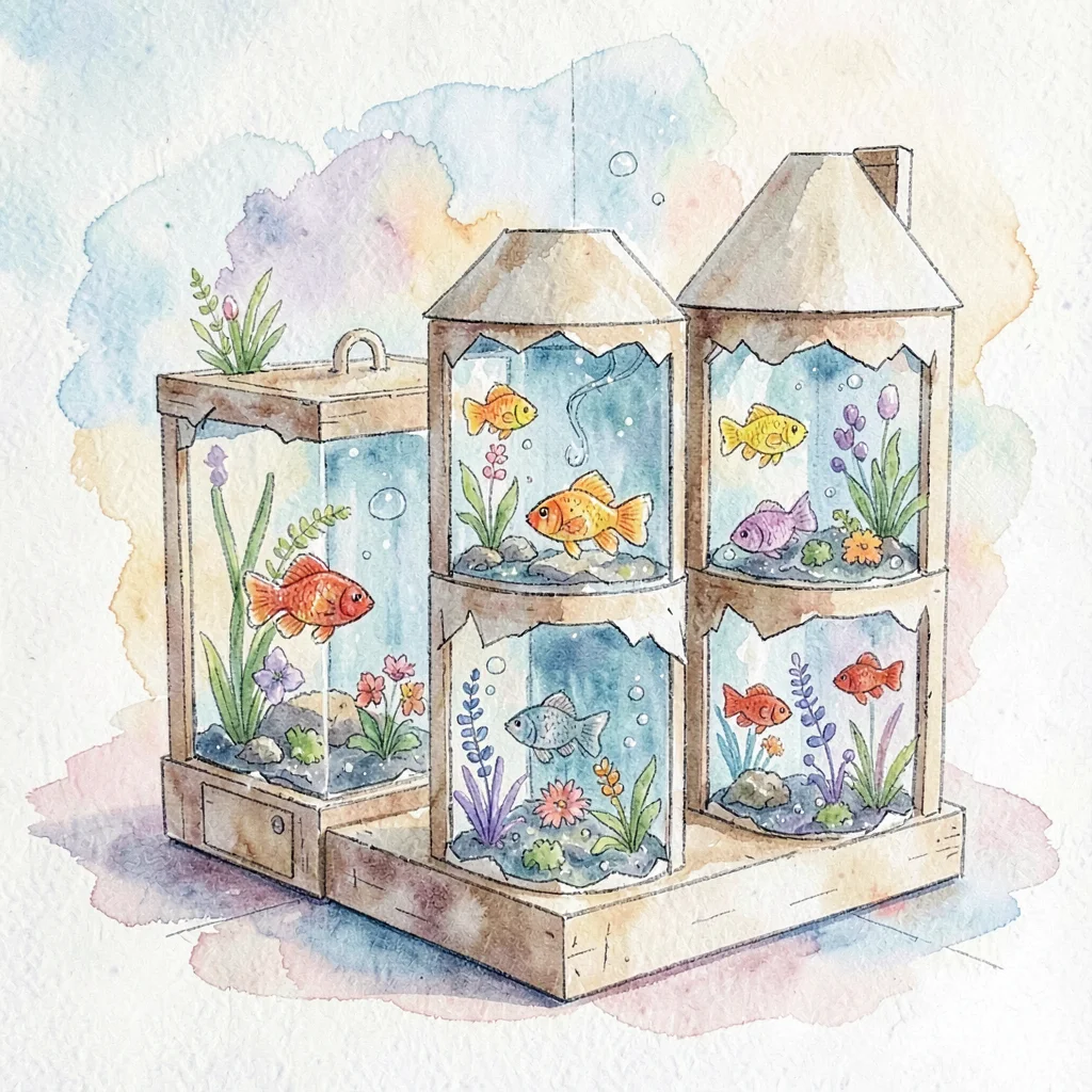 A pop-up paper aquarium pet store with torn-paper tanks and crayon goldfish bubb