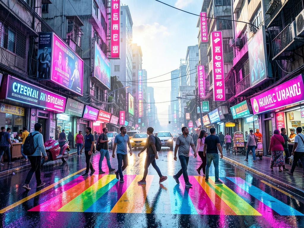 Rainbow painted crosswalk on city street, pedestrians crossing, summer sun