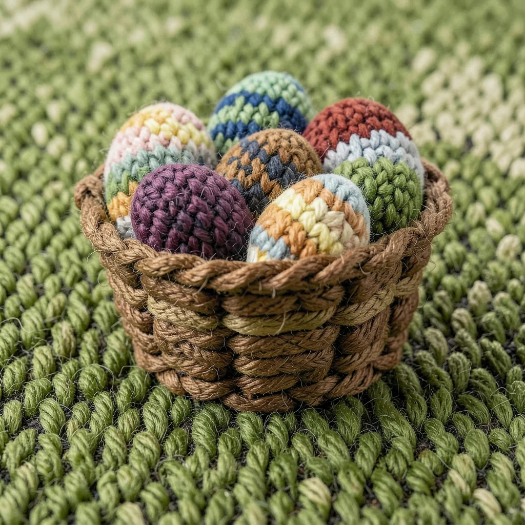 A basket of Easter eggs rendered in tufted carpet — each egg a tight oval of dif