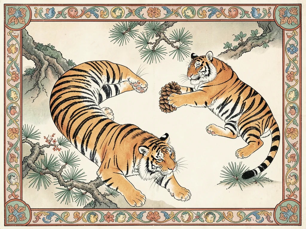 Two tigers playing — one rolling on its back, one pawing at a pinecone