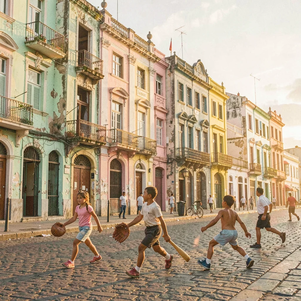 Faded pastel decay of Havana, Cuba, Children playing baseball in street, bat and