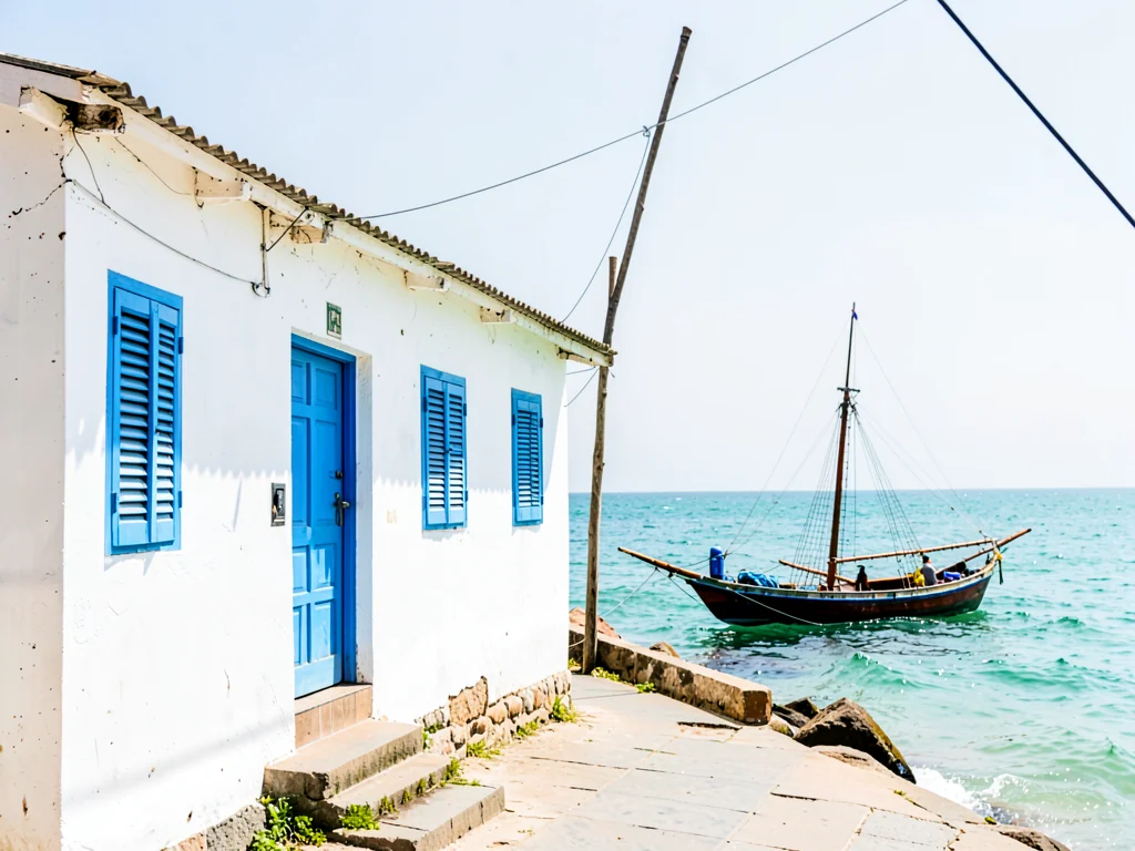 Brilliant Indian Ocean noon light in Dar es Salaam, White-washed building facade