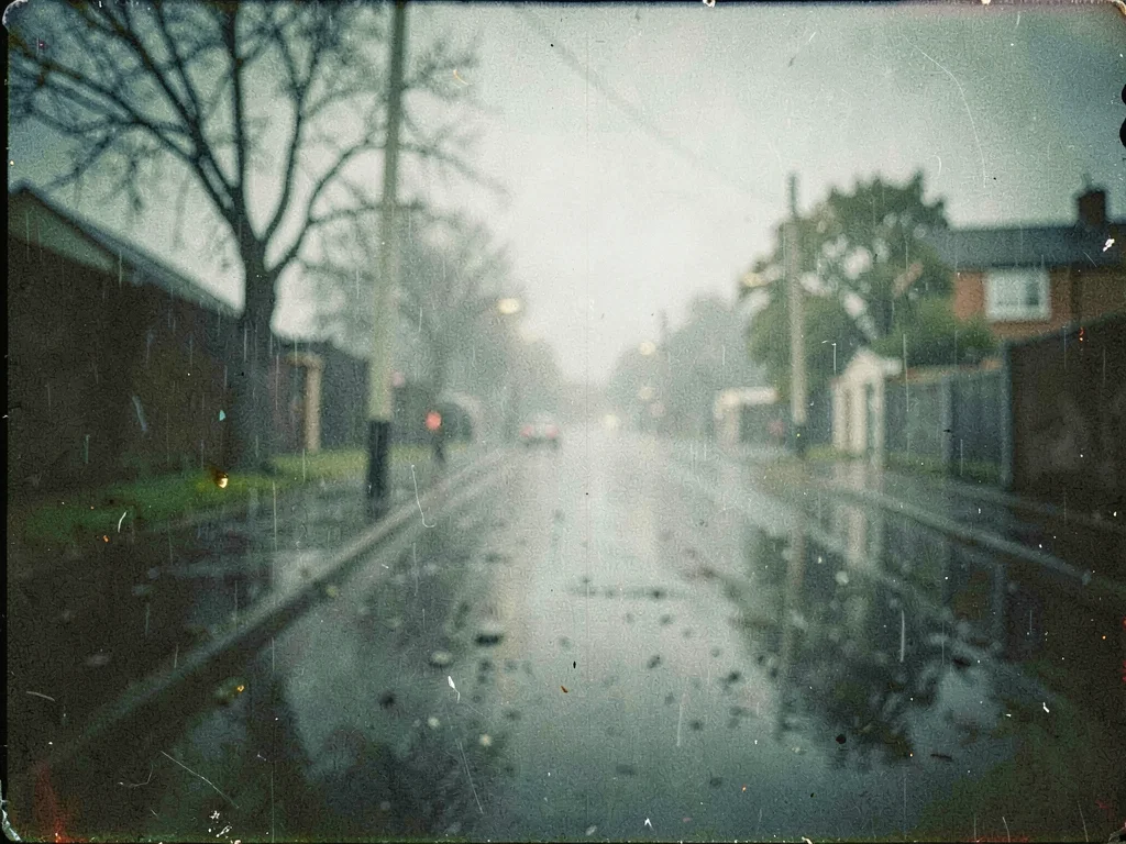Rainy day with gray-green cast