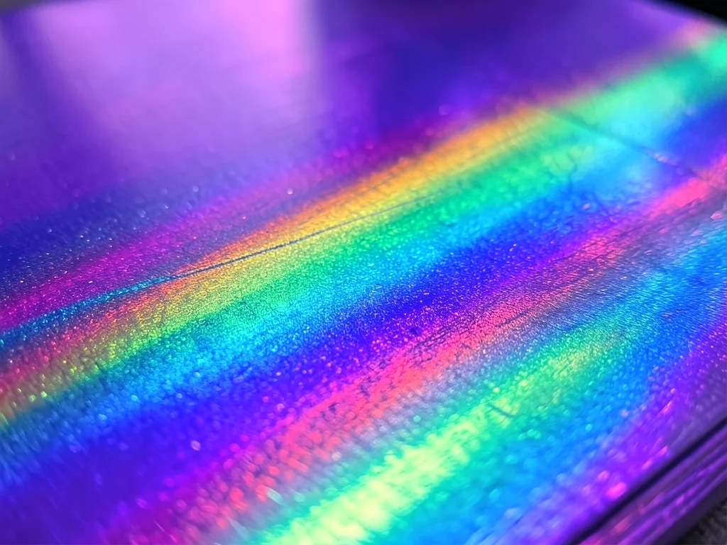 Anodized titanium surface, controlled oxide thickness creating vivid purple-blue