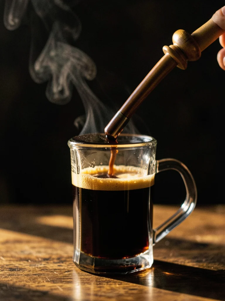 A French press plunger being pressed down slowly, the dark coffee rising along t