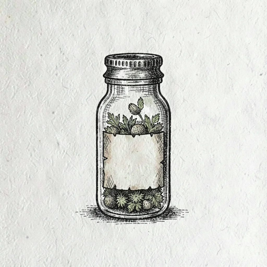 Resource card illustration of a small ink-drawn moss-spore vial with cross-hatch