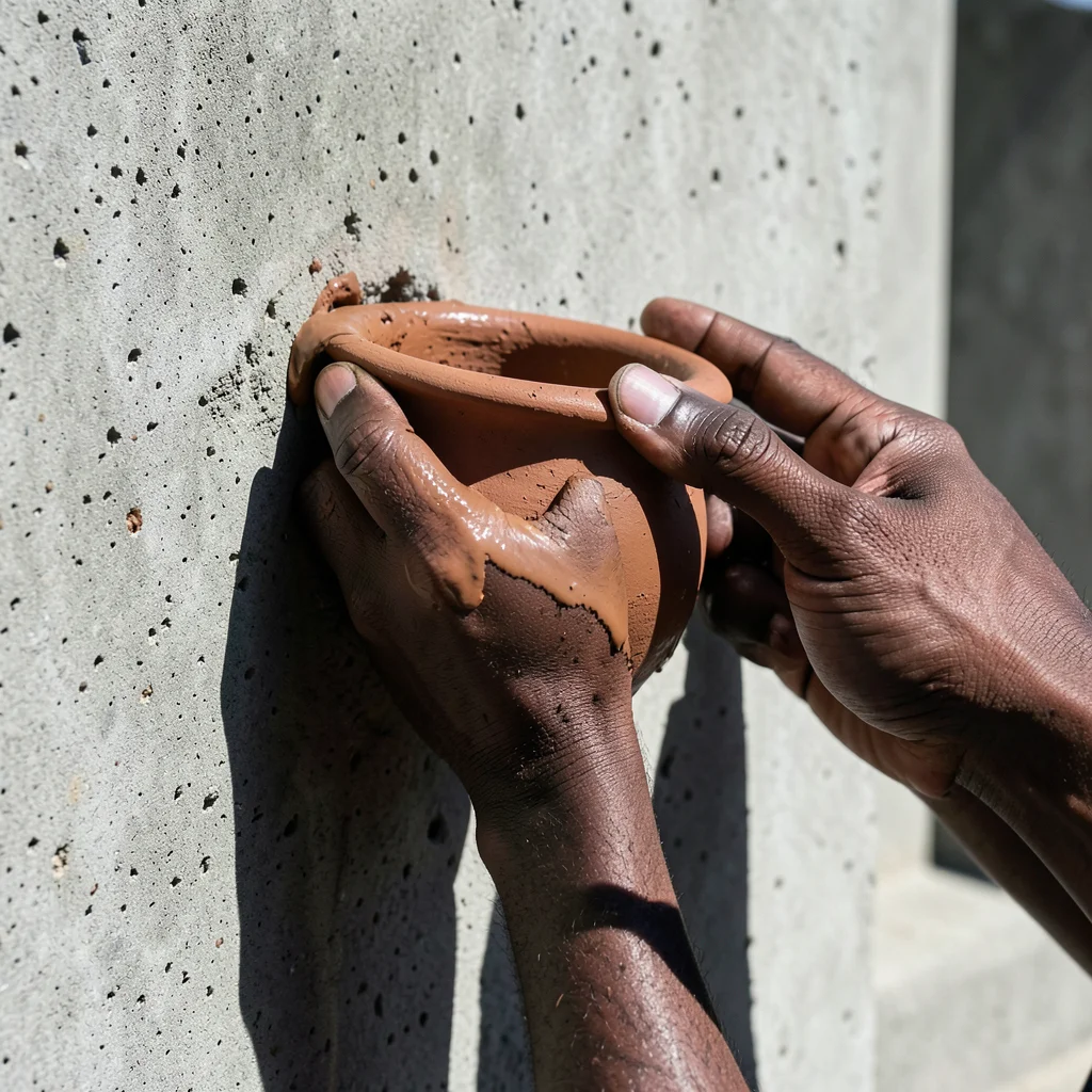 Close-up of fingers pulling up the wall of a clay vessel, slip coating knuckles