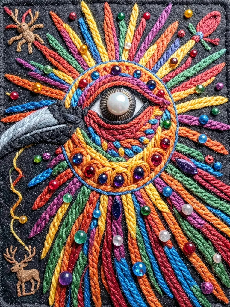 Flame hummingbird close-up — eye as seed pearl, throat as sunburst yarn spiral