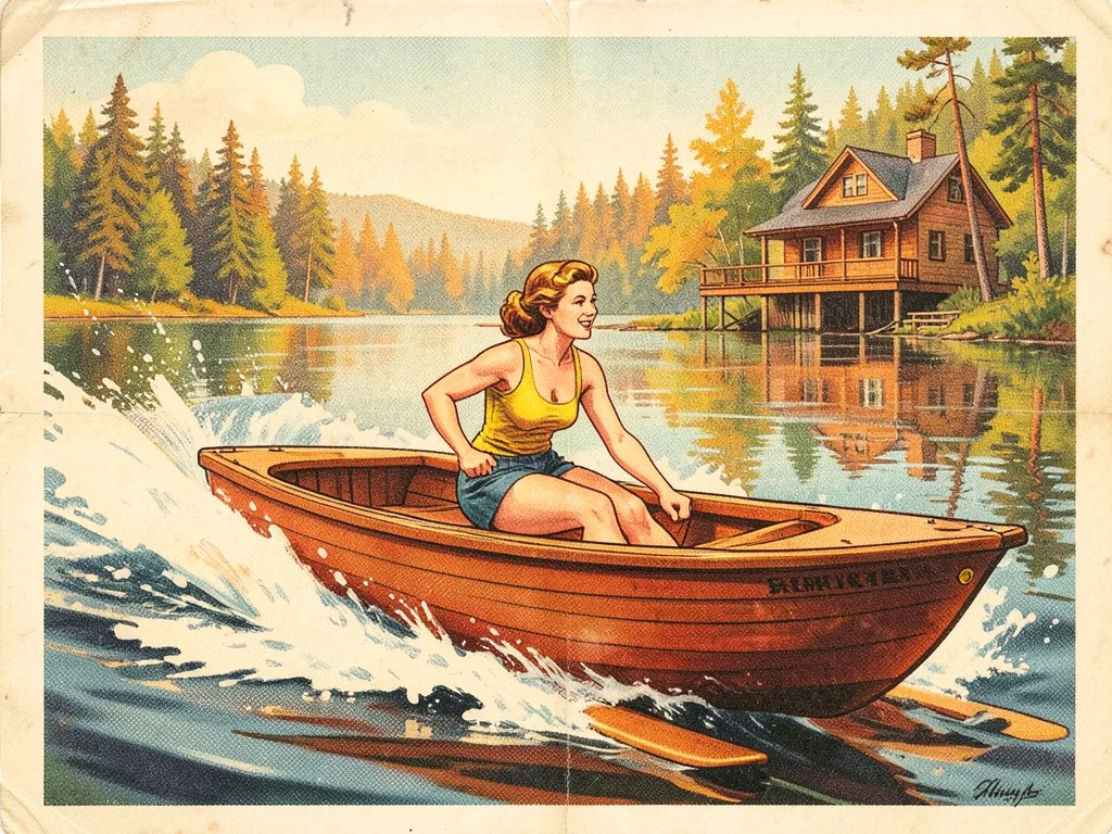 A woman water-skiing behind a wooden speedboat, her form perfect, spray arcing, 